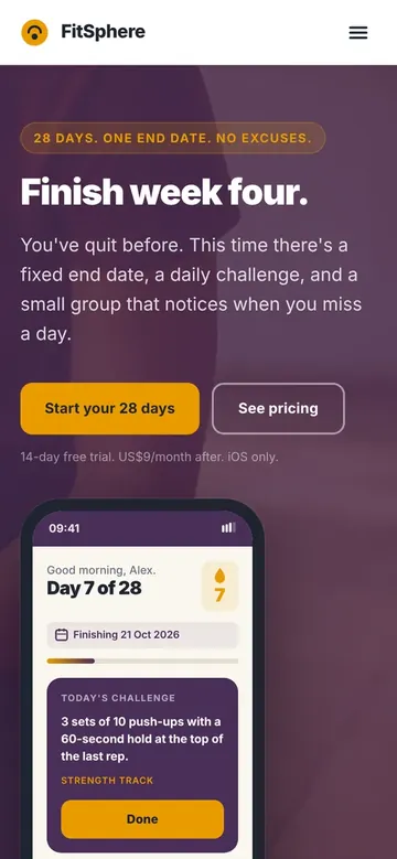 The FitSphere website Hatchio AI built, on a desktop screen and a phone