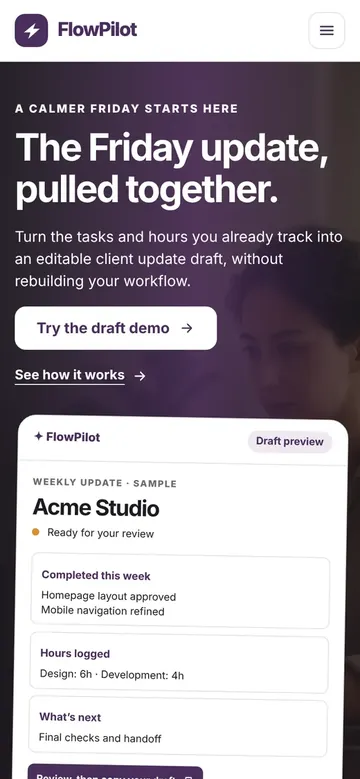The FlowPilot website Hatchio AI built, on a desktop screen and a phone
